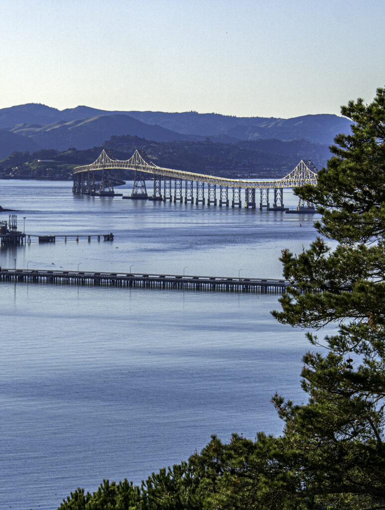 Richmond-San Rafael Bridge amid a sea of blue.